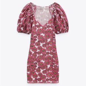 Zara fitted ruch puff sleeve pink floral dress